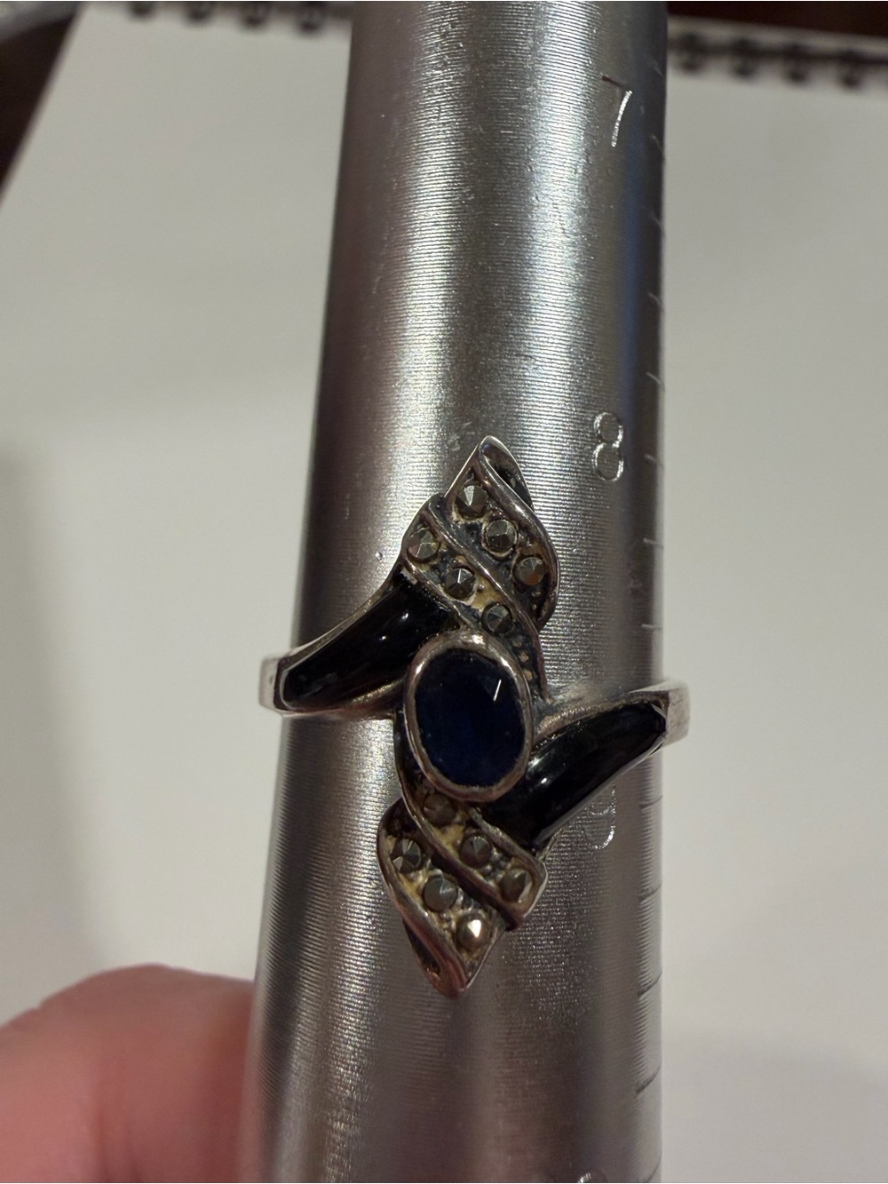 Sterling 925 Central Blue Purple Stone Enamel Marcasite Ring Size 9